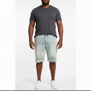 NEW GS-115 Denim Jean Shorts Jorts Men Big Tall 50 Blue‎ Distressed Bleach Dyed